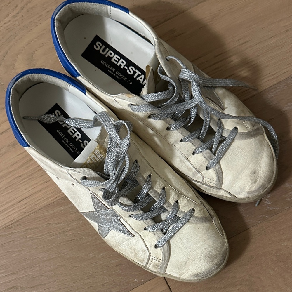 Golden Goose White Sneakers with Silver Star and Blue Accents